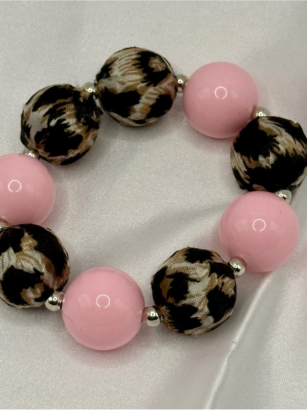 Handmade Pink & Satin Leopard Print Beaded Stretch Bracelet